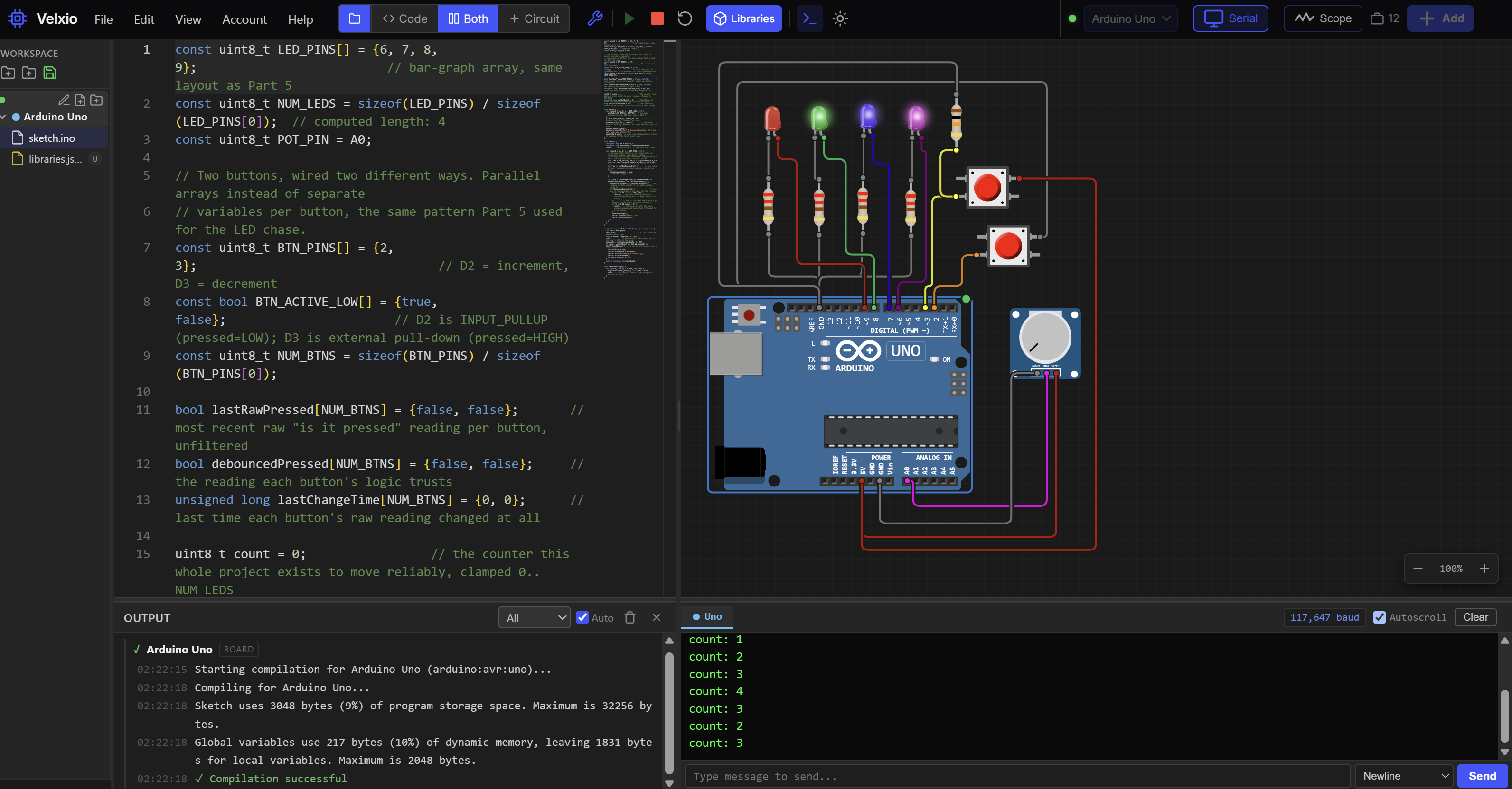 Velxio Lab simulator running an Arduino counter project in the browser